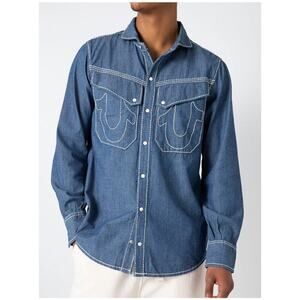 True Religion Mens Dark Wash Indigo Blue Western Shirt Cotton Button-Down Size L